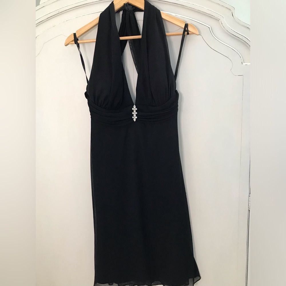 Betsy & Adam by Linda Bernell Black Halter Cocktail Dress Sz 10 Sheer Open Back